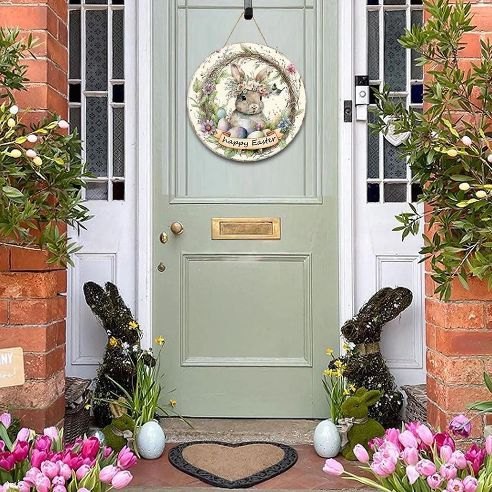 Adorable Easter Bunny Hanging Door Sign  -  11.8-Inch, Front Door Spring Holiday Decor