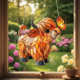 Adorable Highland Cow with Butterfly Hanging Decor