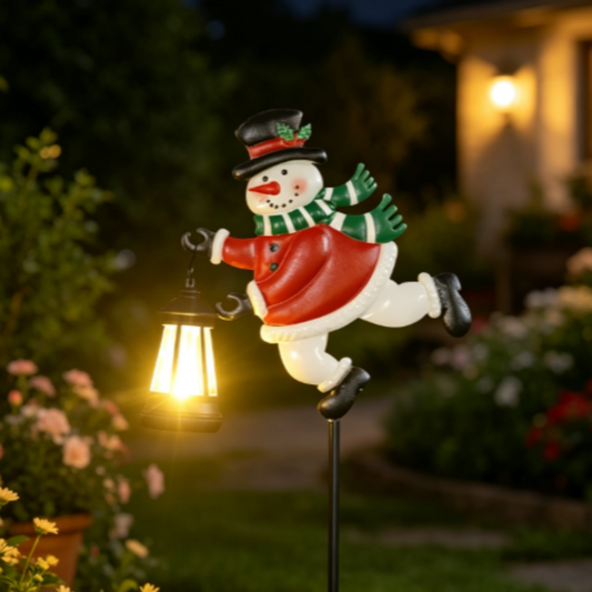 Adorable Metal Snowman Garden Stake Light with Solar Lantern ‑ Outdoor Yard Lawn Patio Christmas Holiday Festive Decor Ornament