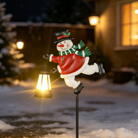 Adorable Metal Snowman Garden Stake Light with Solar Lantern ‑ Outdoor Yard Lawn Patio Christmas Holiday Festive Decor Ornament