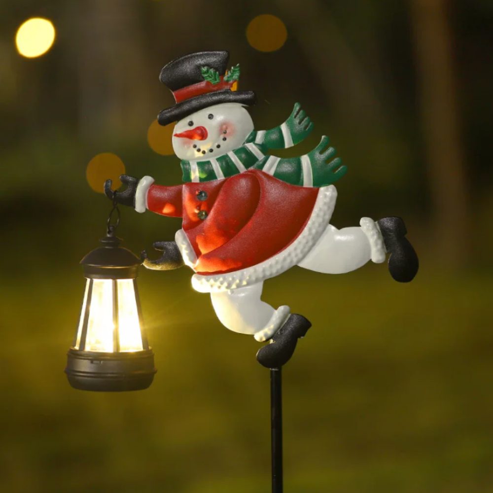 Adorable Metal Snowman Garden Stake Light with Solar Lantern ‑ Outdoor Yard Lawn Patio Christmas Holiday Festive Decor Ornament