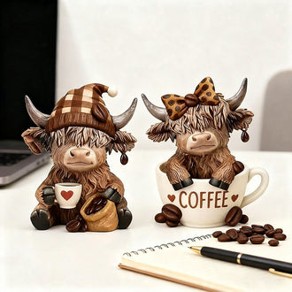 Adorable Resin Coffee‑Loving Highland Cow Figurine ‑ 3.5-Inch, Tabletop & Shelf Indoor Decor