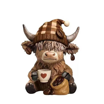 Adorable Resin Coffee Loving Highland Cow Figurine  -  3.5-Inch, Tabletop & Shelf Indoor Decor