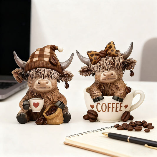 Adorable Resin Coffee Loving Highland Cow Figurine  -  3.5-Inch, Tabletop & Shelf Indoor Decor
