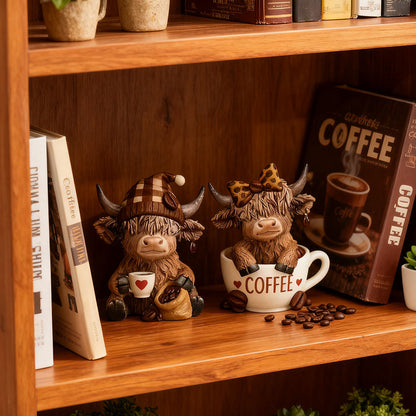 Adorable Resin Coffee Loving Highland Cow Figurine  -  3.5-Inch, Tabletop & Shelf Indoor Decor