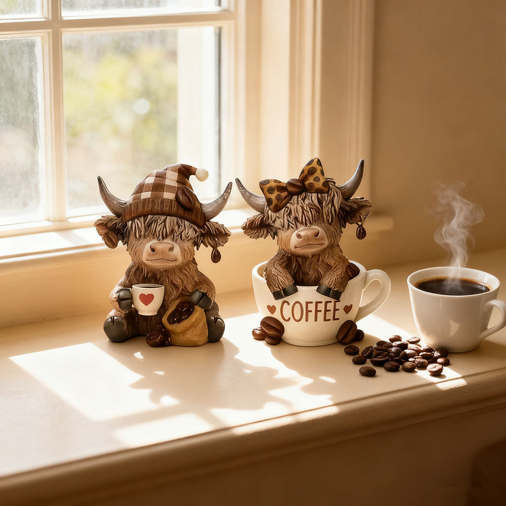 Adorable Resin Coffee Loving Highland Cow Figurine  -  3.5-Inch, Tabletop & Shelf Indoor Decor