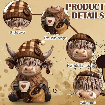 Adorable Resin Coffee Loving Highland Cow Figurine  -  3.5-Inch, Tabletop & Shelf Indoor Decor