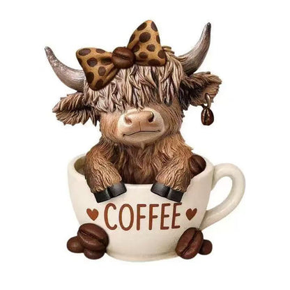 Adorable Resin Coffee Loving Highland Cow Figurine  -  3.5-Inch, Tabletop & Shelf Indoor Decor