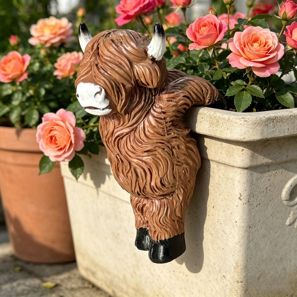 Adorable Resin Highland Cow Pot Hugger - Cute Planter Hanger for Flower Pot & Garden Decor