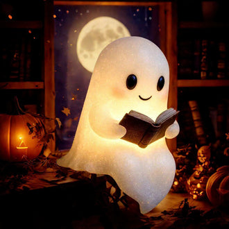 Battery-Powered Adorable Ghost Reading Book LED Night Light - Halloween Bedroom & Nursery Decor