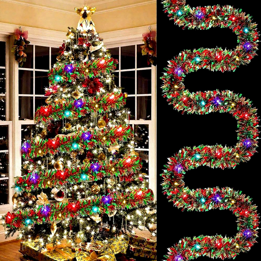 Battery-Powered Christmas Tinsel Garland LED Lights - 16.4ft, Mantel & Tree Holiday Decor