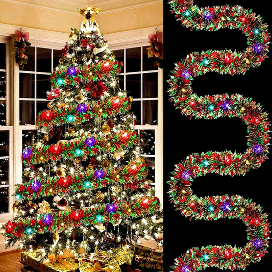 Battery-Powered Christmas Tinsel Garland LED Lights - 16.4ft, Mantel & Tree Holiday Decor
