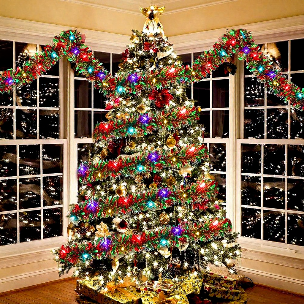 Battery-Powered Christmas Tinsel Garland LED Lights - 16.4ft, Mantel & Tree Holiday Decor