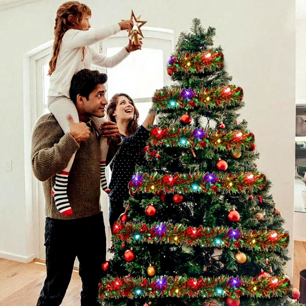 Battery-Powered Christmas Tinsel Garland LED Lights - 16.4ft, Mantel & Tree Holiday Decor