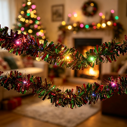 Battery-Powered Christmas Tinsel Garland LED Lights - 16.4ft, Mantel & Tree Holiday Decor