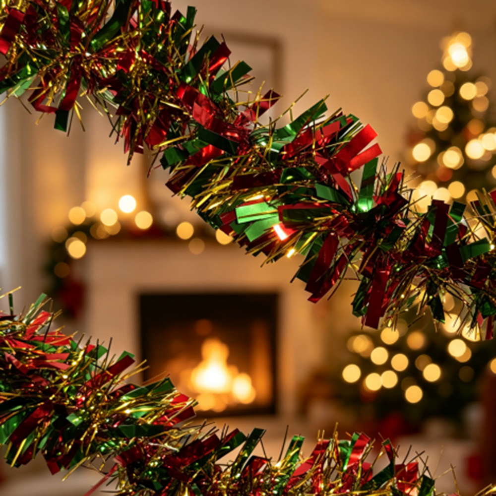 Battery-Powered Christmas Tinsel Garland LED Lights - 16.4ft, Mantel & Tree Holiday Decor