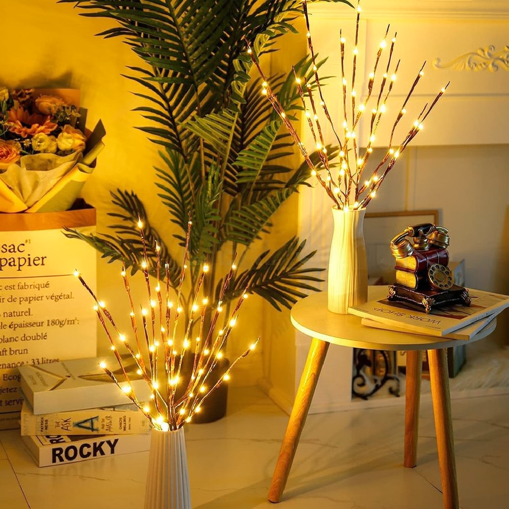 Battery Powered LED Decorative Twig Lights - Set of 2, Home Living Room Vase Xmas Holiday Indoor Party Table Decor Lighting