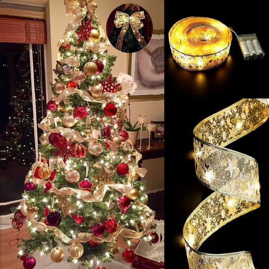 Battery Powered LED Light Up Christmas Ribbon - 32ft, Home Xmas Tree Holiday Party Decor Lighting