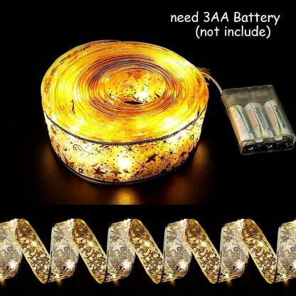 Battery Powered LED Light Up Christmas Ribbon - 32ft, Home Xmas Tree Holiday Party Decor Lighting