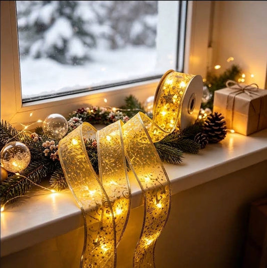 Warm White LED Christmas Gold Ribbon Light - 32ft, Home Xmas Tree Yard Holiday Party Decor Lighting