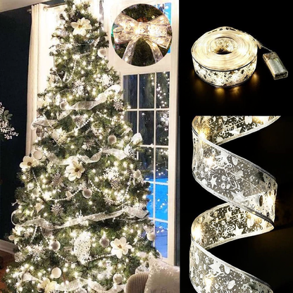 Battery Powered LED Light Up Christmas Ribbon - 32ft, Home Xmas Tree Holiday Party Decor Lighting