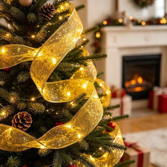 Warm White LED Christmas Gold Ribbon Light - 32ft, Home Xmas Tree Yard Holiday Party Decor Lighting