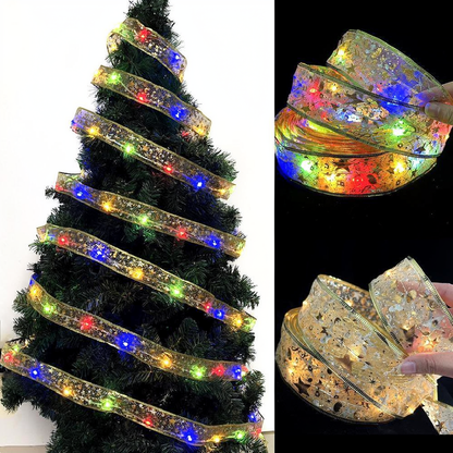 Battery Powered LED Light Up Christmas Ribbon - 32ft, Home Xmas Tree Holiday Party Decor Lighting