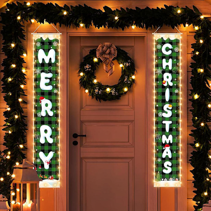 Battery Powered LED Merry Christmas Door Banner Set - Home Door Wall Xmas Holiday Decor