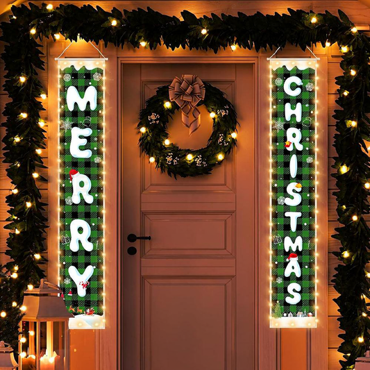 Battery Powered LED Merry Christmas Door Banner Set - Home Door Wall Xmas Holiday Decor