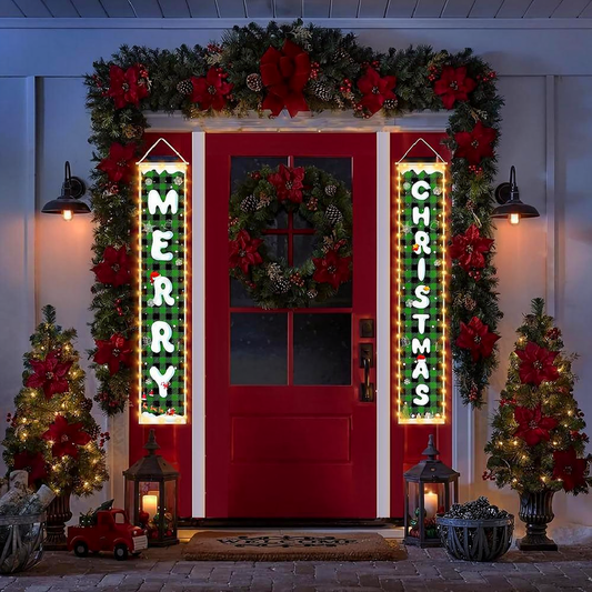 Battery Powered LED Merry Christmas Door Banner Set - Home Door Wall Xmas Holiday Decor