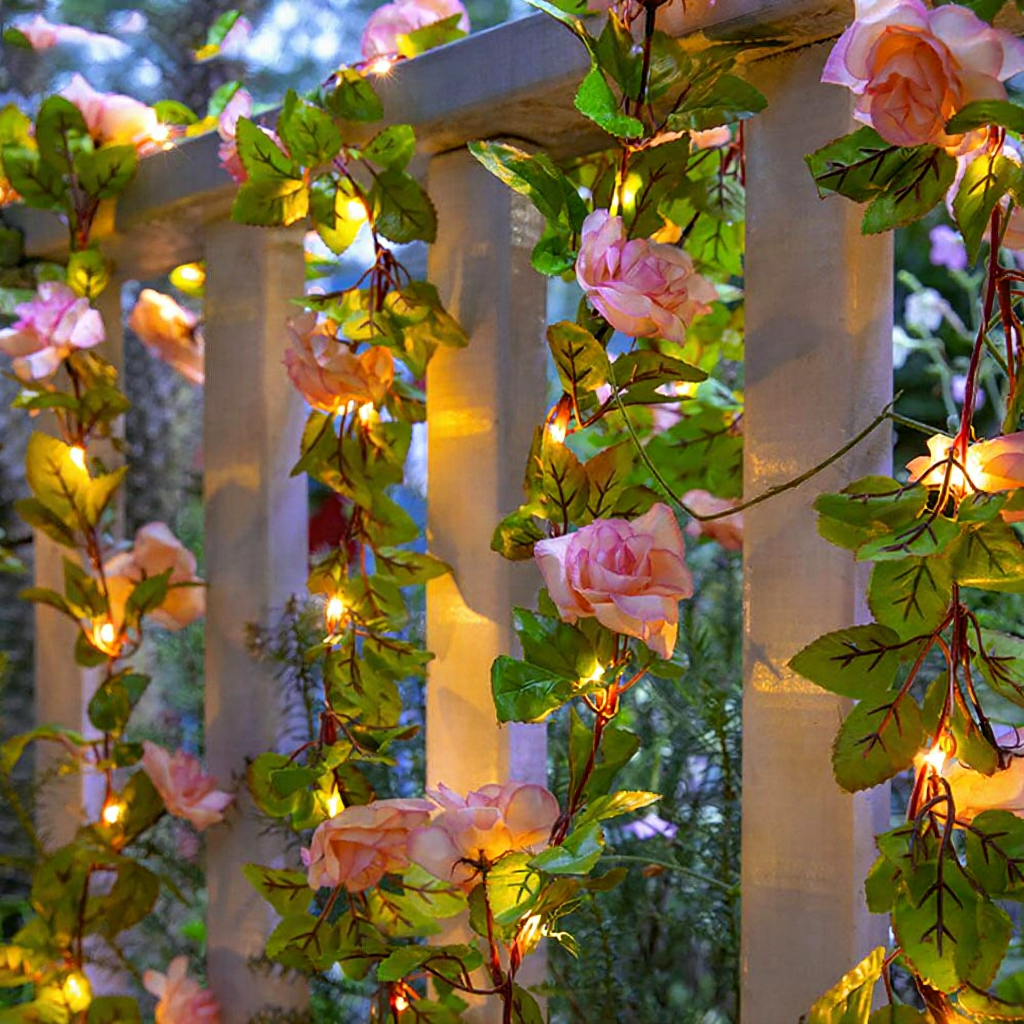 Battery Powered LED Rose Garland Lights  -  6.56 Ft, Indoor Outdoor Floral Lighting