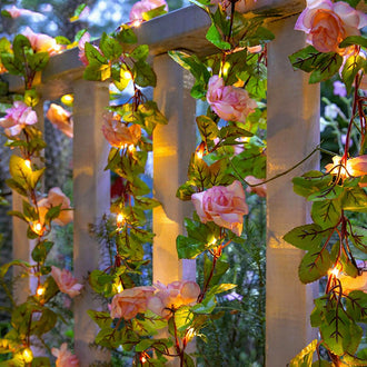 Battery Powered LED Rose Garland Lights ‑ 6.56 Ft, Indoor Outdoor Floral Lighting