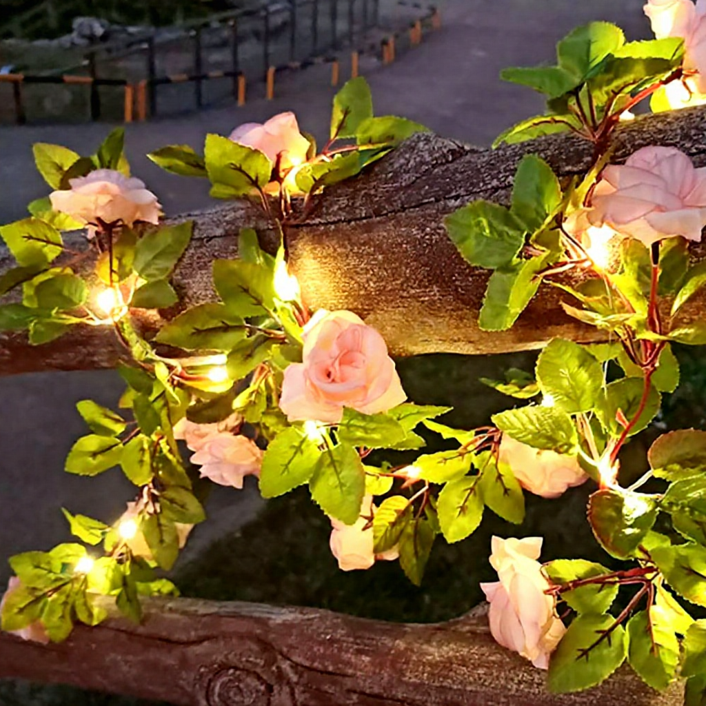 Battery Powered LED Rose Garland Lights  -  6.56 Ft, Indoor Outdoor Floral Lighting