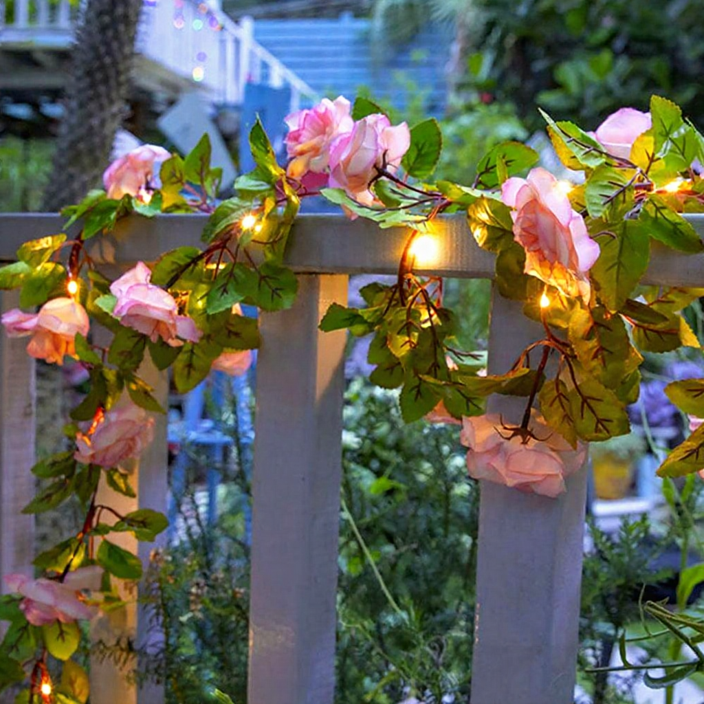 Battery Powered LED Rose Garland Lights  -  6.56 Ft, Indoor Outdoor Floral Lighting