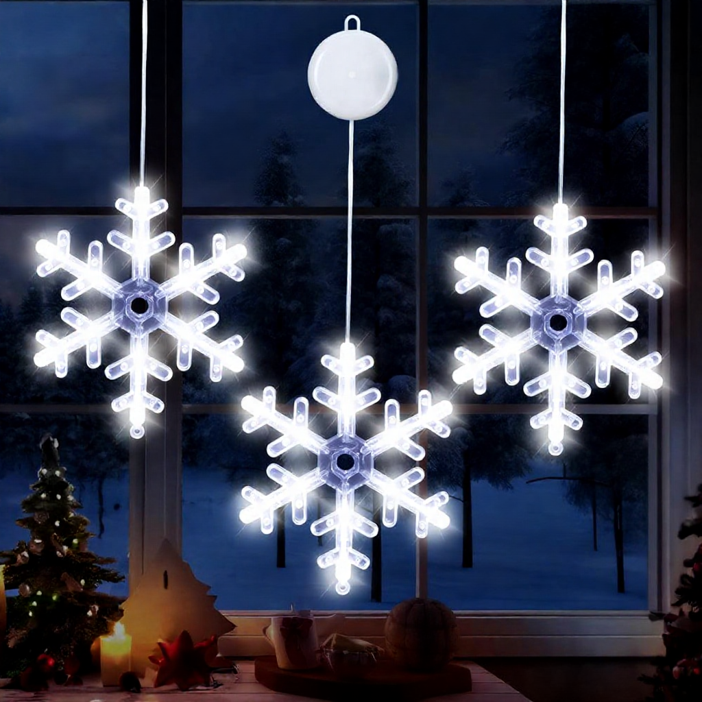Battery Powered LED Snowflake Window Light with Suction Cup - 3 Pack, Home Window Xmas Holiday Party Wall Decor Lighting