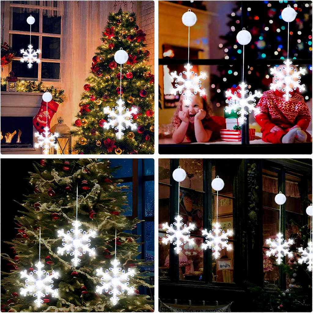 Battery Powered LED Snowflake Window Light with Suction Cup - 3 Pack, Home Window Xmas Holiday Party Wall Decor Lighting