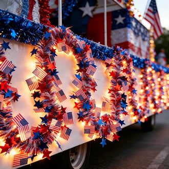 Battery‑Powered Light‑Up Patriotic US‑Flag Tinsel Garland ‑ 19.7ft, Porch & Fence Holiday Decor