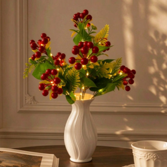 Battery Powered Lighted Christmas Red Berry Bouquet - Vase Filler Indoor Holiday Home Decor