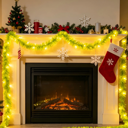 Battery Powered Lime Green Christmas Tinsel Garland Lights - 9.84 ft, Mantel & Tree Holiday Decor