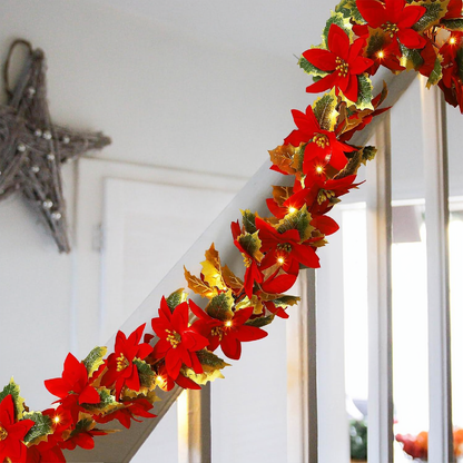Battery Powered Poinsettia Christmas Flowers LED String Light - 6.5ft, Home Holiday Party Decor Lighting