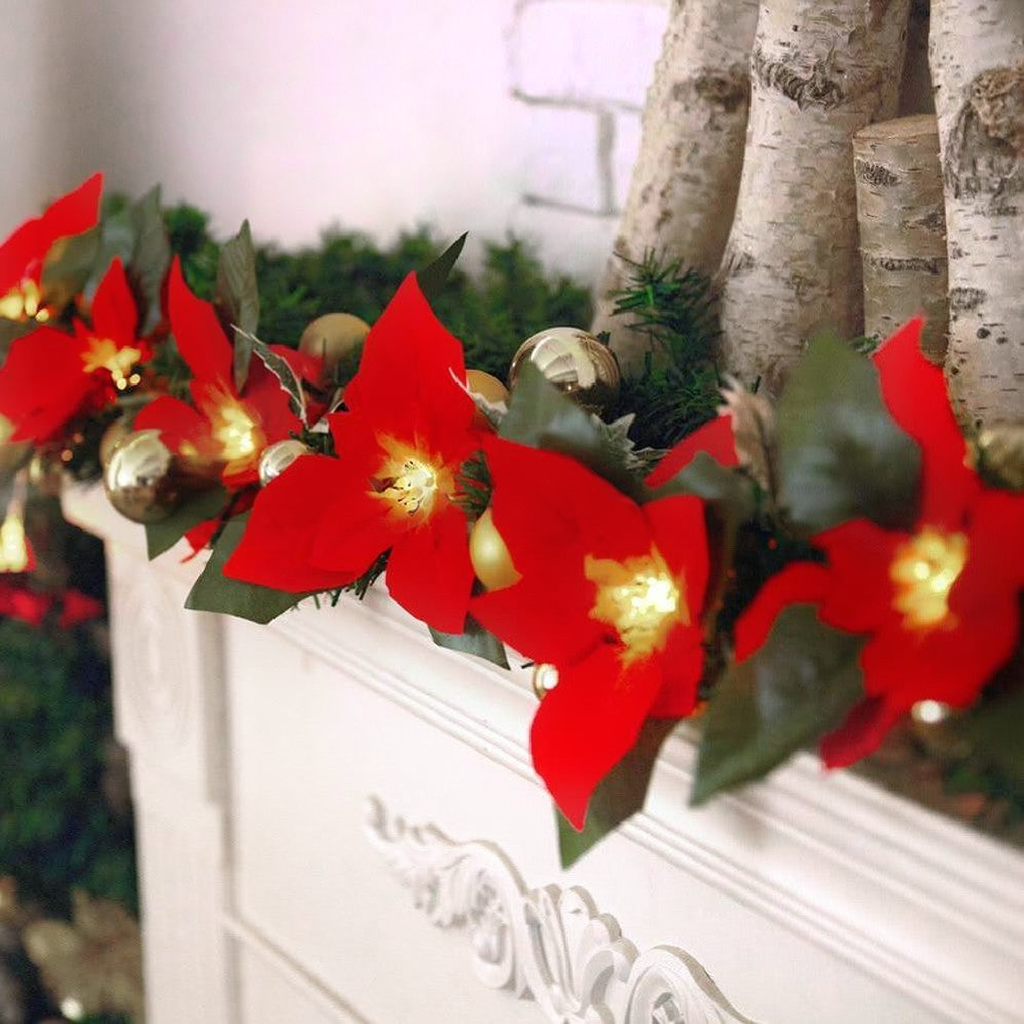 Battery Powered Poinsettia Christmas Flowers LED String Light - 6.5ft, Home Holiday Party Decor Lighting