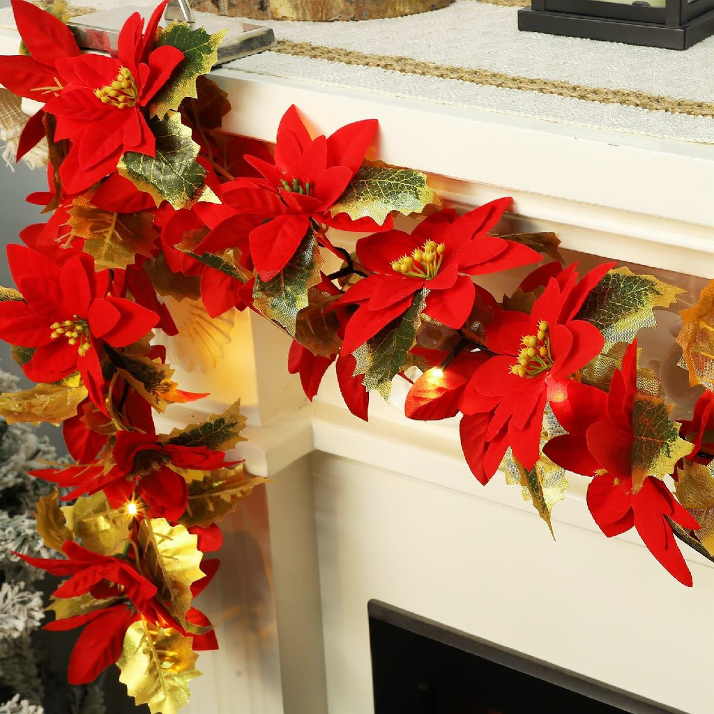 Battery Powered Poinsettia Christmas Flowers LED String Light - 6.5ft, Home Holiday Party Decor Lighting