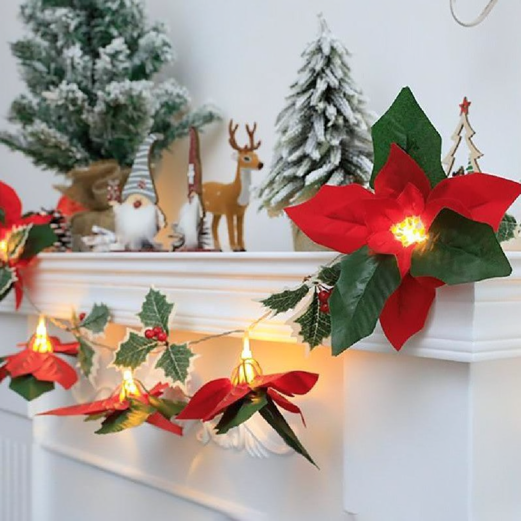 Battery Powered Poinsettia Christmas Flowers LED String Light - 6.5ft, Home Holiday Party Decor Lighting