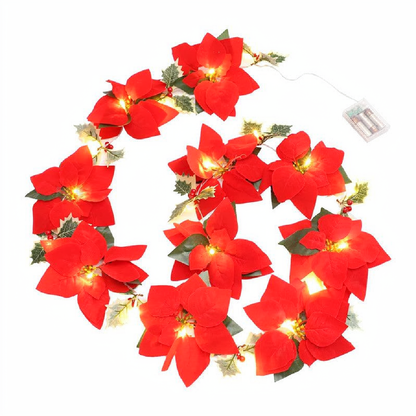Battery Powered Poinsettia Christmas Flowers LED String Light - 6.5ft, Home Holiday Party Decor Lighting