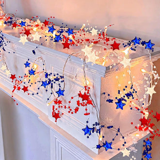 Battery‑Powered Red‑White‑Blue Patriotic Star Garland Lights ‑ 9.84 ft, Holiday Lighting
