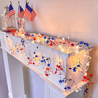 Battery Powered Red White Blue Patriotic Star Garland Lights  -  9.84 ft, Holiday Lighting