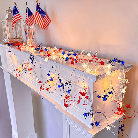 Battery Powered Red White Blue Patriotic Star Garland Lights  -  9.84 ft, Holiday Lighting