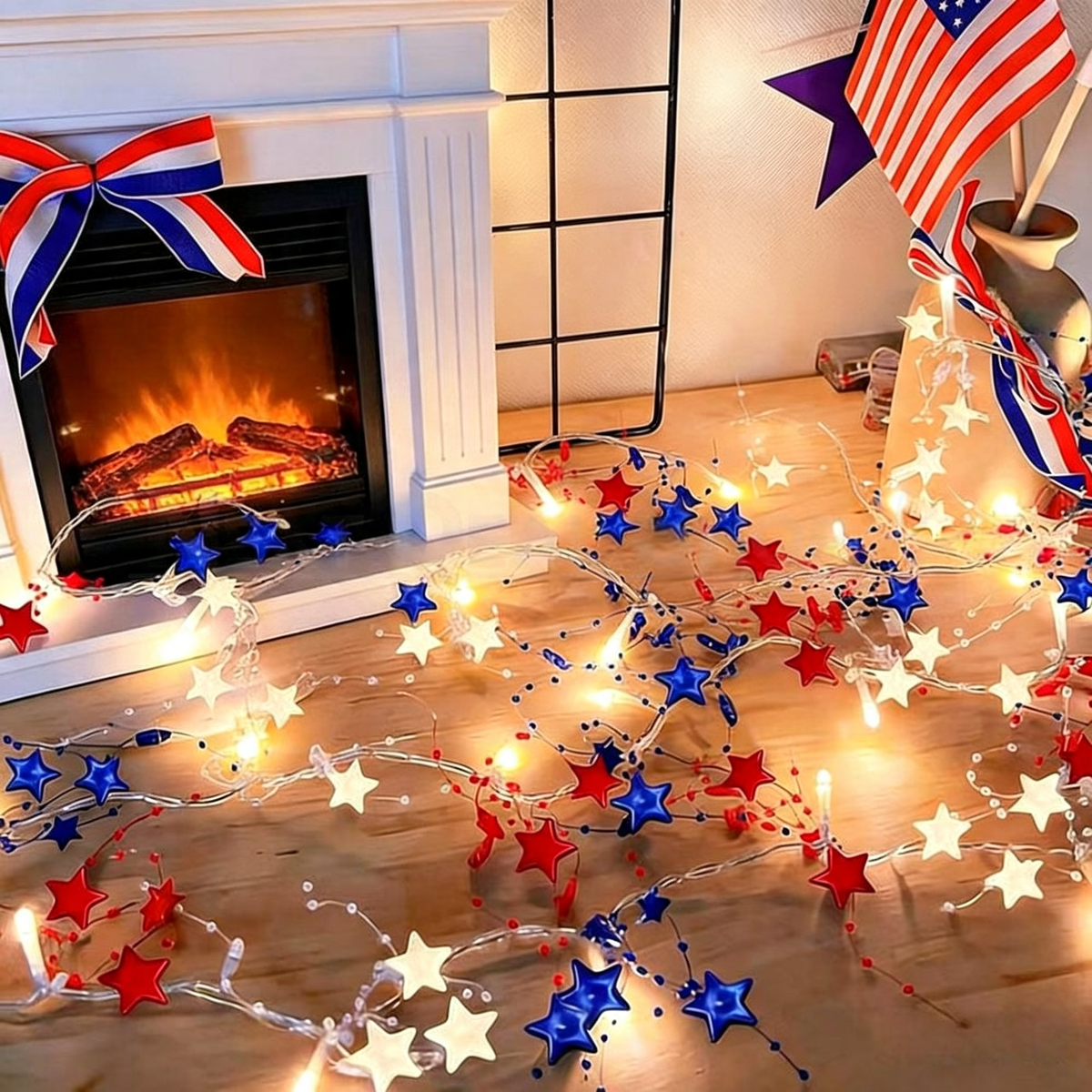 Battery Powered Red White Blue Patriotic Star Garland Lights  -  9.84 ft, Holiday Lighting