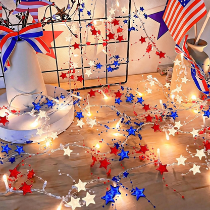 Battery Powered Red White Blue Patriotic Star Garland Lights  -  9.84 ft, Holiday Lighting