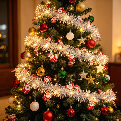 Battery Powered Silver Santa Christmas Tinsel Garland Lights - 9.84 ft, Mantel & Tree Holiday Decor